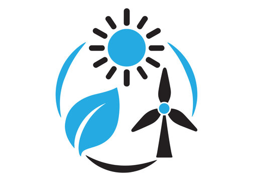 Eco energy concept icon featuring sun leaf and wind turbine