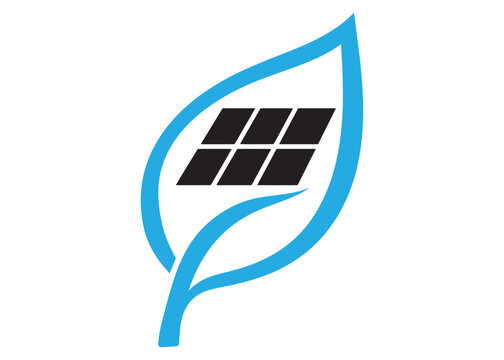 Eco friendly solar panel energy icon in the shape of a green leaf with earth day