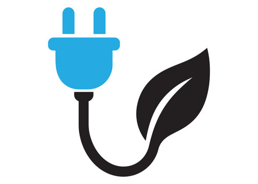 Electric plug connected to a leaf icon representing sustainable green power