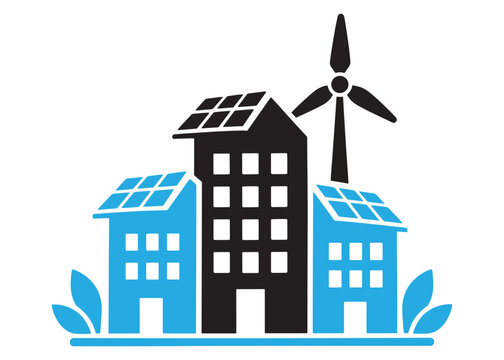 Green energy city concept with buildings solar panels and wind turbine
