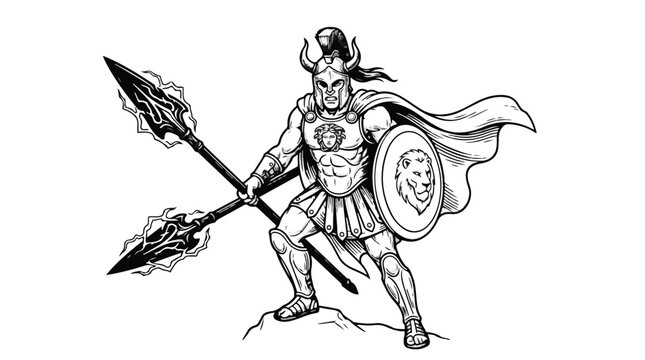 Ancient greek gladiator hero mascot vector illustration in black and white line art style for e-sports branding and sports emblem