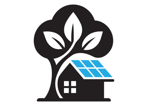 House with solar panels roof and large tree symbol house icon green energy