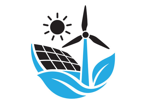 Renewable energy concept icon featuring solar panel and wind turbine with leaves