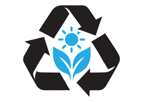 Recycle symbol icon surrounding a sun and leaves representing environmental care