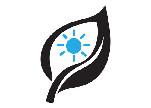 Sun symbol inside a black leaf icon representing natural solar energy power