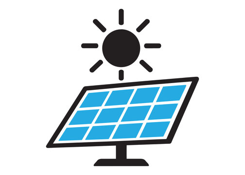 Sun above solar panel icon representing solar energy power with renewable energy