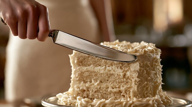 Hand cutting vanilla cake with white icing for celebration