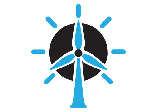 Wind turbine icon with sun rays representing wind and solar renewable energy