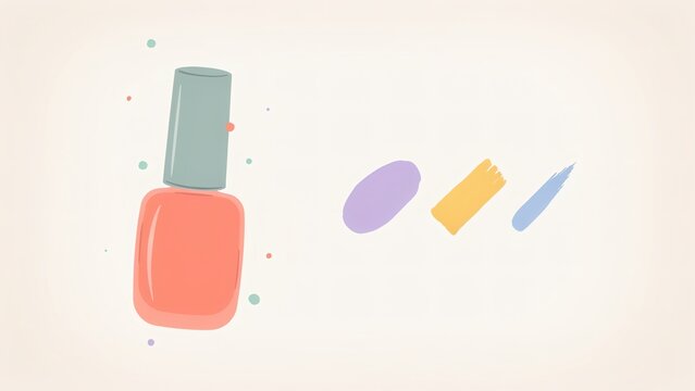 A flat vector illustration of a coral nail polish bottle with colorful paint strokes nearby with bottle accompanied purple strokes light background
