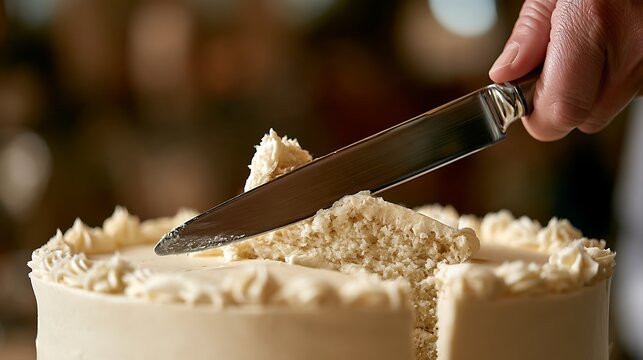 Hand cutting a slice from frosted celebration cake