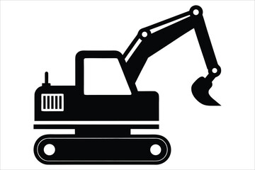 Naklejka premium Tracked Excavator with Hydraulic Arm Silhouette Vector, Construction Machinery Vector Symbol, White Background