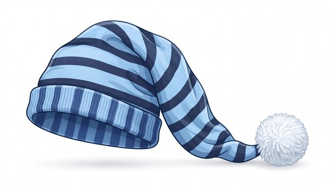 Striped blue nightcap with white pompom illustration displayed in a classic style on white background