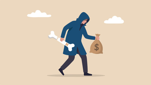 Insurance fraud, fake claim, dishonest client concept, flat shady figure holding a solid broken bone prop and a money bag, clean minimal flat vector illustration