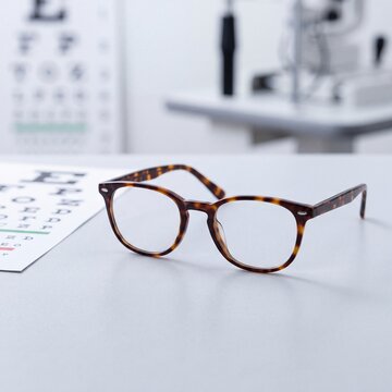 Tortoise shell eyeglasses on desk in professional optometry clinic