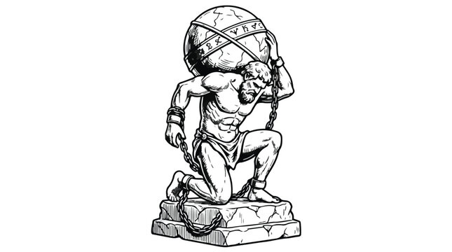 Atlas Titan carrying celestial globe engraving line art illustration for symbolic burden and endurance concept on white background
