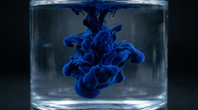 Blue ink cloud diffusing in clear water with dark background