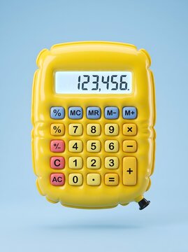 inflatable yellow calculator showing large number on blue background, savings growth and financial profit concept