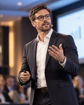 Close-up of a confident speaker in a suit holding a presentation clicker and speaking passionately on stage