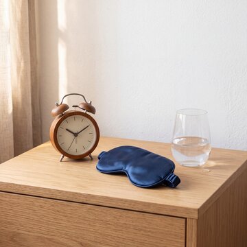 Blue silk sleep mask and wooden alarm clock on a bedside table