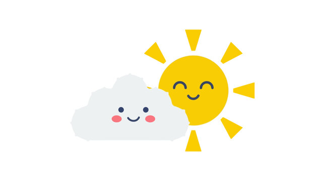 Happy sun and fluffy cloud vector illustration with pink cheeks and smiling expression.