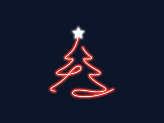 Obraz premium Minimalist christmas tree drawing made of neon glowing red light line with bright star.