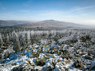 Winter Panorama from Achtermannshöhe toward Wurmberg in the Harz Mountains, Germany