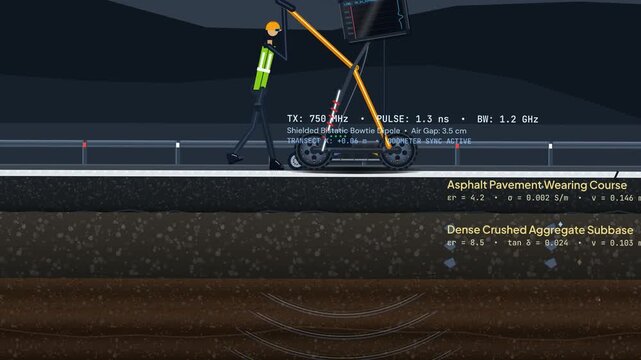 Ground penetrating radar subsurface scanning animation revealing buried cast-iron conduit under asphalt road, showing GPR radargram profile and hyperbolic diffraction