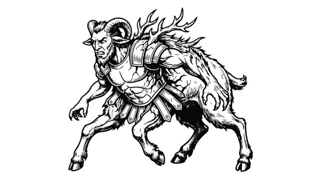 Mythological goat warrior hybrid centaur line art vector illustration for gaming mascot and fantasy character design white background