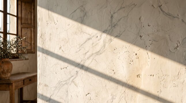 Weathered plaster wall with warm sunlight and window shadows in rustic interior. Close-up photograph of a textured, weathered plaster wall with cracks and imperfections, featuring diagonal warm 