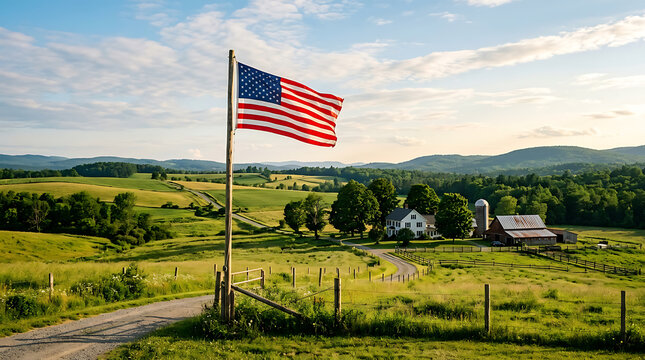 American flag waving on a pole overlooking a rural farm landscape at sunset