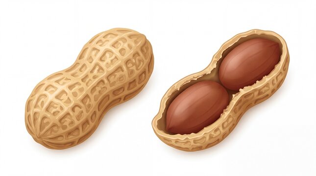 Shelled and cracked raw peanuts showing texture and rich brown kernels isolated on white background