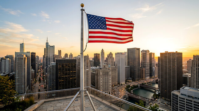 American flag waving on a flagpole overlooking a modern city skyline at sunset