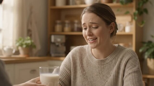 Slow Motion Woman Refusing Glass Of Milk Allergy Concept Single Shot