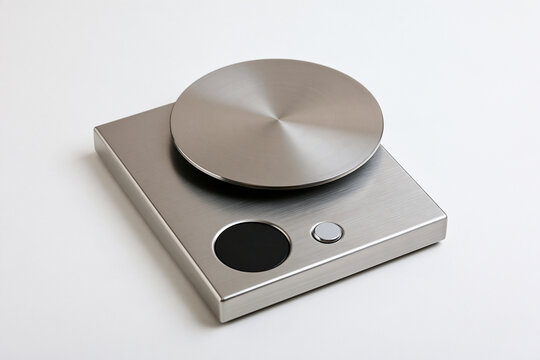 A modern stainless steel precision digital scale sits isolated on white background.