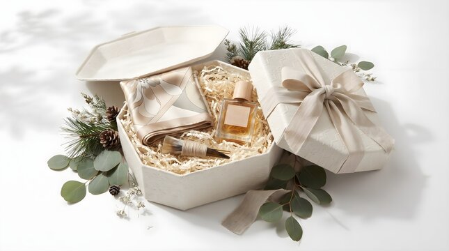 Eco-friendly holiday cosmetic gift box styled with premium beauty products, natural botanical accents, and sophisticated sustainable packaging.