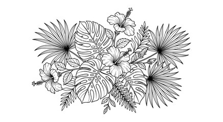Obraz premium Tropical foliage arrangement with hibiscus flowers and palm leaves, detailed line art illustration