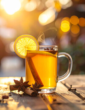 Hot Toddy cocktail served in clear glass mug, steaming golden drink with lemon slice, cinnamon stick and star anise, rustic autumn table, tasty beverage. Delicious drink. Close-up.