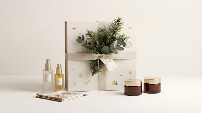 Luxury holiday gift set packaging featuring premium cosmetic products, elegant containers, natural decorative elements, and sophisticated neutral styling.