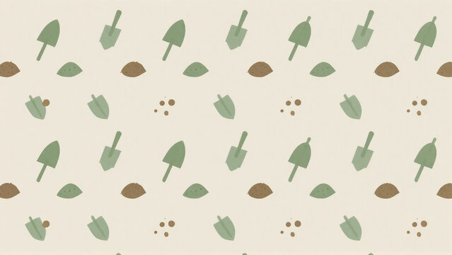 Garden trowel and soil dot seamless pattern background with muted clay green repeats