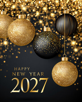 Vertical greeting or invitation card for a New Year's Eve celebration, featuring gold glitter accents and festive lights with a *bokeh* effect against a dark background.