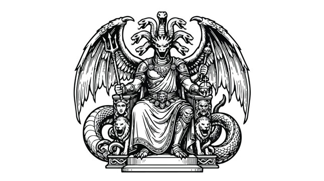 Mythological hydra king monster on throne hand drawn etching vector illustration for gaming posters apparel design isolated on white