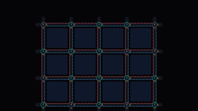 Abstract neon grid pattern with glowing nodes and dark background