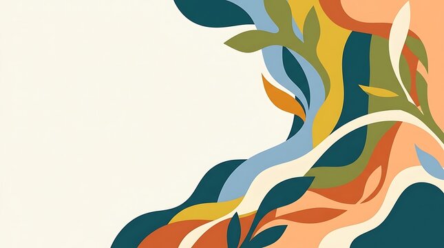 Organic abstract background with wavy shapes and botanical leaves