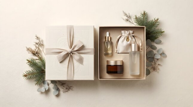 Top-down product photography of a luxury holiday cosmetic gift set featuring premium packaging, beauty products, and natural decorative elements.