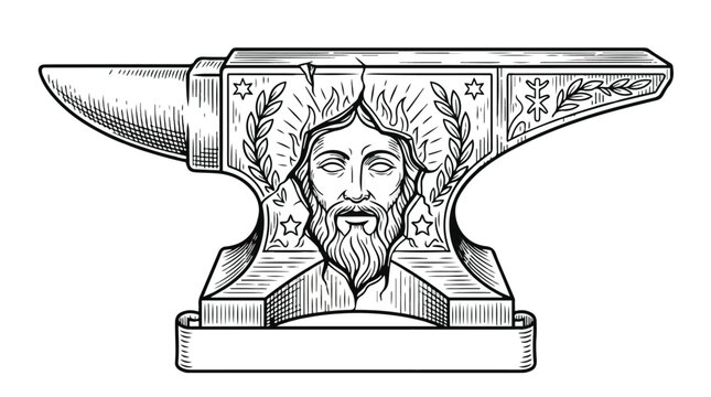 Mythological blacksmith anvil vintage engraved woodcut line art illustration for artisan craft or metal music branding isolated on white background
