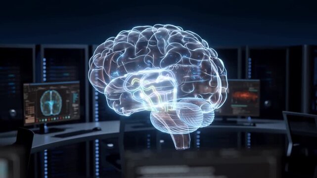 Exploring the Intricacies of the Human Mind: A Computer-Generated Visualization of a Transparent Human Brain Showcased in a High-Tech Laboratory Environment