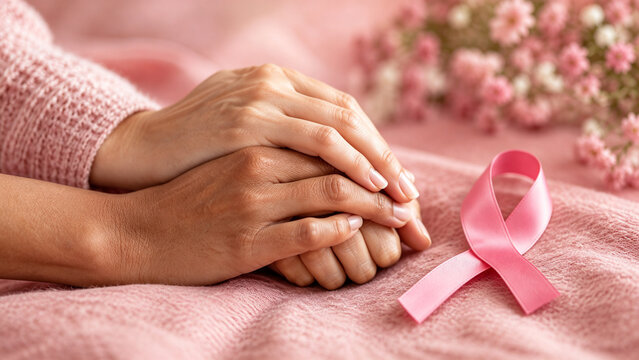 Close up of two hands clasped in support and care next to a pink awareness ribbon on a soft fabric for breast cancer campaign