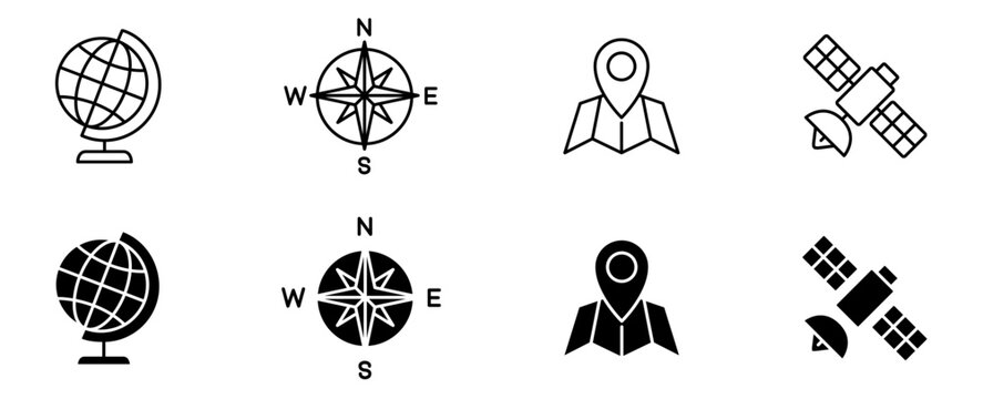 Navigation and map location vector line and filled icon set for geography, compass direction, and satellite positioning.