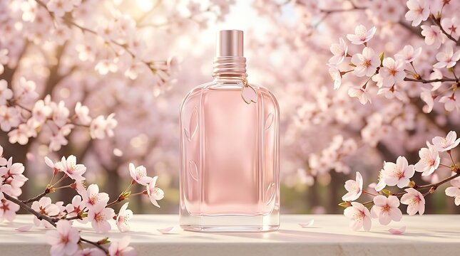 Elegant pink perfume bottle surrounded by blooming cherry blossoms in spring sunshine