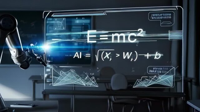 A Robotic Arm Interacting with a Holographic Display of Einstein's Equation and AI Formulas in a High-Tech Classroom Environment